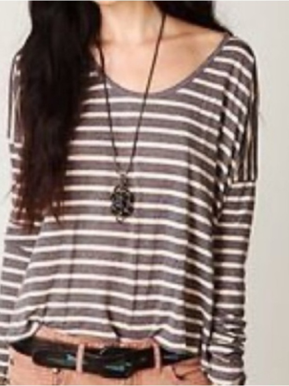 FREE PEOPLE BEACH Striped Long-Sleeve Scoop Neck Cotton Top